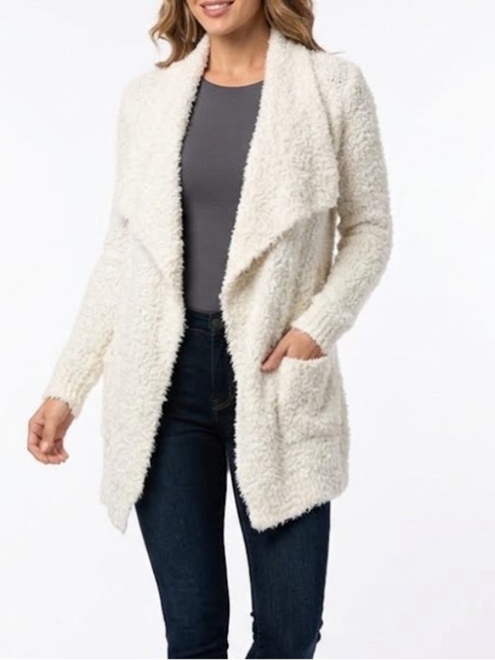 PJ Salvage Cream Fuzzy Eyelash Knit Open Front Draped Cardigan SweaterSize L